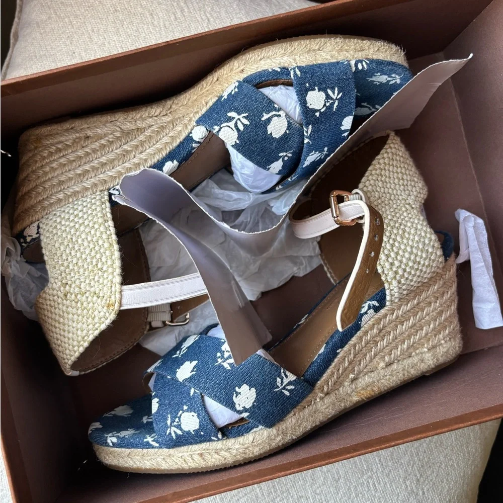 Coach Blue Floral Espadrille Wedge Sandals - Picture 1 of 9